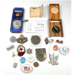 Collection of 23 badges and pins, mostly old Israeli ones, including IDF, Palmach, Freemasonry and m