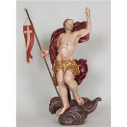 Auferstehungs-Christus. Lindenholz, vollplastisch geschnitzt. Inkarnat- und Lüsterfassung, teilwe...