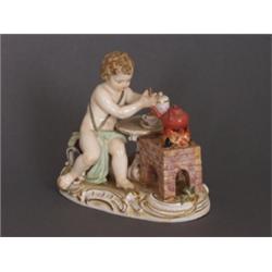 Porzellanfigur. Auf ovalem Rocaillesockel Putto beim Zubereiten von Schokolade. Seitlich Kessel a...
