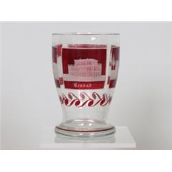 Bäderglas. Farbloses, mundgeblasenes Glas. Auf der Wandung vier rotgeätzte Felder mit geschliffen...