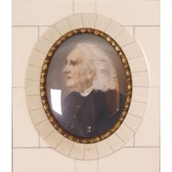 Miniatur. Franz Liszt. Ovales, farbiges Halbportrait auf Elfenbein. Elfenbeinrahmen. Nach 1900. H...