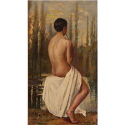 Ximenes Ettore, Palermo 1855 - 1926 Rom. Männlicher Akt. Flöte spielender Knabe an einem Teich. L...