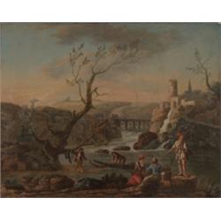 Frankreich, Anfang 18. Jh. Südliche Ideallandschaft. An einem Fluss eine Gruppe von Fischern beim...