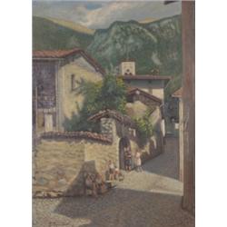 Pedrazolli R., 19./20. Jh. Dorfansicht mit Kindern. Links unten sign: R. Pedrazolli. ...l/Holz. R...