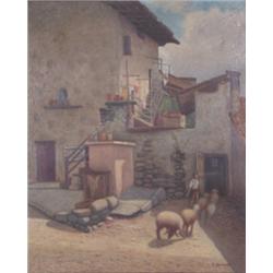 Pedrazolli R., 19./20. Jh. Gehöft. Junge mit heimkehrenden Schafen. Rechts unten sign: R. Pedrazo...