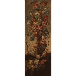Paar Supraporten. 19./20. Jh. Blumenstilleben. Grosser Sommerblumenstrauss in antiker Vase auf Sä...