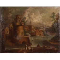 Frankreich, um 1700. Mittelalterliche Stadtanlage an einem Fluss. ...l/Lwd. H: 78 x 86 cm. Doubli...