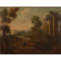 Niederlande, um 1700. Pastorale Landschaft mit Wanderer und Bauern. ...l/Lwd. Reliefierter Goldra...