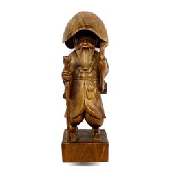Oriental Hand Carved Wood Elderly Man with Cane