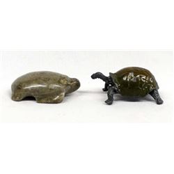 Carved Petosky Stone Turtle & Cast Metal Turtle