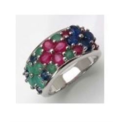 STERLING SILVER BRAZILIAN SAKOTA EMERALD, RUBY AND SAPPHIRE RING