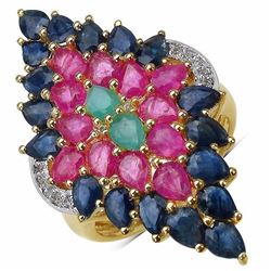 STERLING SILVER BRAZILIAN SAKOTA EMERALD, RUBY AND SAPPHIRE RING