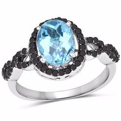 STERLING SILVER BABY SWISS BLUE CHECKERBOARD TOPAZ AND BLACK AND WHITE DIAMOND RING