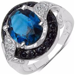 STERLING SILVER LONDON BLUE TOPAZ AND BLACK SPINEL RING