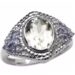 STERLING SILVER GREEN AMETHYST AND TANZANITE RING