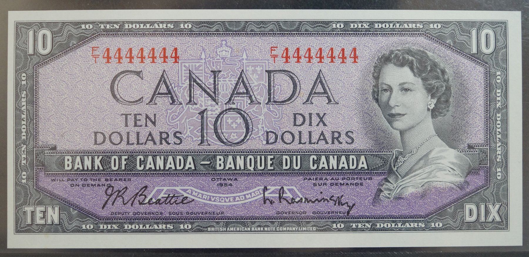 Solid Serial Number Note , 1954 10 Dollar BC-40b , FT4444444 CCCS ...