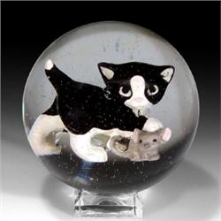 262: Sulphide Large Glass Marble Cat & Mouse