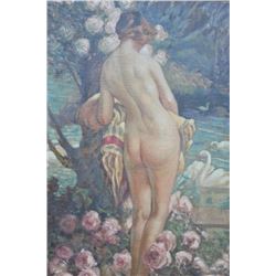 EVE-44 OIL PAINTINGImpressionist oil painting on board of nude  with swans circa early 20th century 