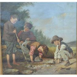 EVE-31 OIL ON CANVASOriginal oil on canvas of Scottish boys  fishing. 19th century. Measures approxi