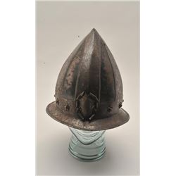 18AT-15 PORTUGESE HELMET16th-17th century black and white cabaset  measuring almost 10” thigh crown.