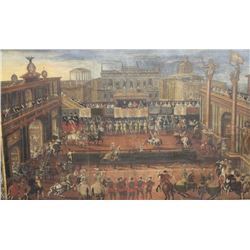 EVE-47 OIL PAINTINGImpressive original oil painting of a joust  showing nobles, knights, horses, arm