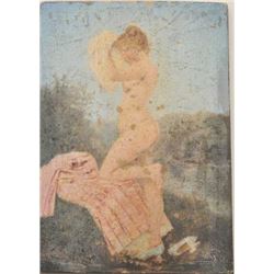 18BW-8 NUDE PAINTINGSmall signed 19th century painting of a nude  woman on walnut panel: 100-200