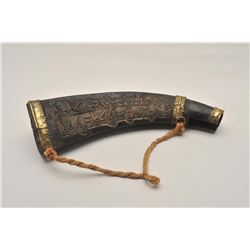 18BW-10 POWDER FLASKHuge Middle Eastern powder flask with brass  mounts carved with Islamic calligra