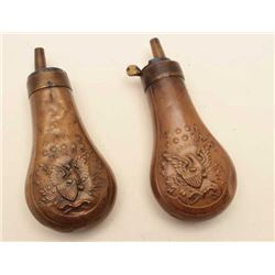 18AL-74 COLT FLASKSTwo brass powder flask for Colt Model 1849  Pocket percussion revolvers, in good 