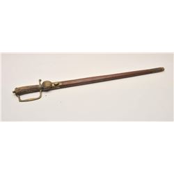 18AR-14 HUNTING SWORDHunting sword with brass mounts, stag grip  and brass mounted leather scabbard;