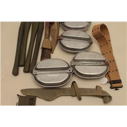 17JL-22 MILITARY GEARMisc. military gear lot including mess kits,  tent stakes, entrenching tool, we