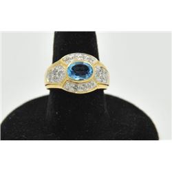 18RPS-18 AQUAMARINE & DIAMOND RINGOne ladies ring in 14k yellow gold set with  an oval aquamarine ap
