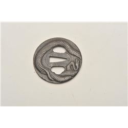 18CF-12 HAND FORGED IRON TSUBANicely forged and formed iron Tsuba with  intertwined snakes for wakas