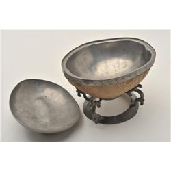 EVE-424 CEREMONIAL BOWLChina or Tibet ceremonial bowl with pewter  mounts and carved jade handle. Lo