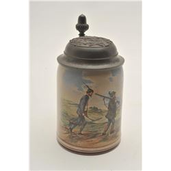 EVE-410 CERAMIC BEER MUGCeramic beer mug with hand painted scene of  tired hunters in German dress. 