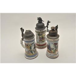 EVE-425 IMPERIAL STYLE STEIN LOTLot of 3 Imperial style beer steins with  damaged lids. Bodies good 