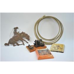 17LW-14 WESTERN THEME LOTWestern Theme lot, Door knocker, metal plaque  of Roper, Whip of branded le