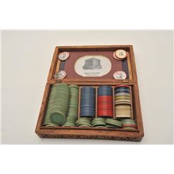 18AP-82 POKER CHIPSLot of dozens of misc. older poker chips,  some in carved wooden box; others in b