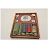 Image 1 : 18AP-82 POKER CHIPSLot of dozens of misc. older poker chips,  some in carved wooden box; others in b