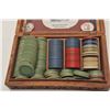 Image 2 : 18AP-82 POKER CHIPSLot of dozens of misc. older poker chips,  some in carved wooden box; others in b