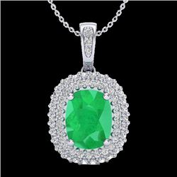 3.15 CTW Emerald & Micro Pave VS/SI Diamond Halo Necklace 18K White Gold - REF-90K9R - 20413