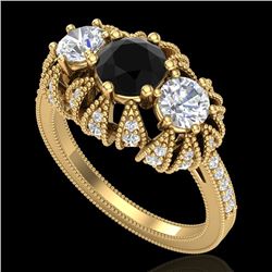 2.26 CTW Fancy Black Diamond Solitaire Art Deco 3 Stone Ring 18K Yellow Gold - REF-218W2H - 37746