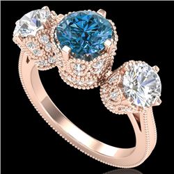 3.06 CTW Fancy Intense Blue Diamond Art Deco 3 Stone Ring 18K Rose Gold - REF-390Y9N - 37391