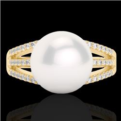 0.30 CTW Micro Pave VS/SI Diamond Certified & Pearl Designer Ring 18K Yellow Gold - REF-49Y6N - 2263