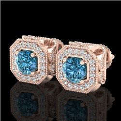 2.75 CTW Fancy Intense Blue Diamond Art Deco Stud Earrings 18K Rose Gold - REF-290T9X - 38287