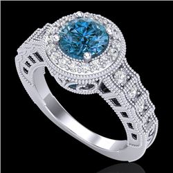 1.53 CTW Fancy Intense Blue Diamond Solitaire Art Deco Ring 18K White Gold - REF-263F6M - 37649