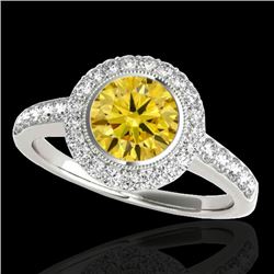 1.5 CTW Certified Si Fancy Intense Yellow Diamond Solitaire Halo Ring 10K White Gold - REF-180R2K - 