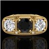 Image 2 : 2.51 CTW Fancy Black Diamond Solitaire Art Deco 3 Stone Ring 18K Yellow Gold - REF-309K3R - 37718