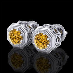 1.07 CTW Intense Fancy Yellow Diamond Art Deco Stud Earrings 18K White Gold - REF-132X8T - 37938