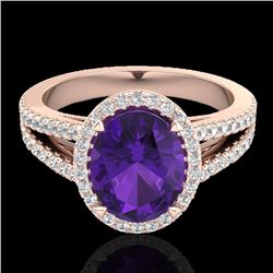 3 CTW Amethyst & Micro VS/SI Diamond Halo Solitaire Ring 14K Rose Gold - REF-58K2R - 20926