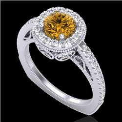 1.55 CTW Intense Fancy Yellow Diamond Engagement Art Deco Ring 18K White Gold - REF-178T2X - 37987